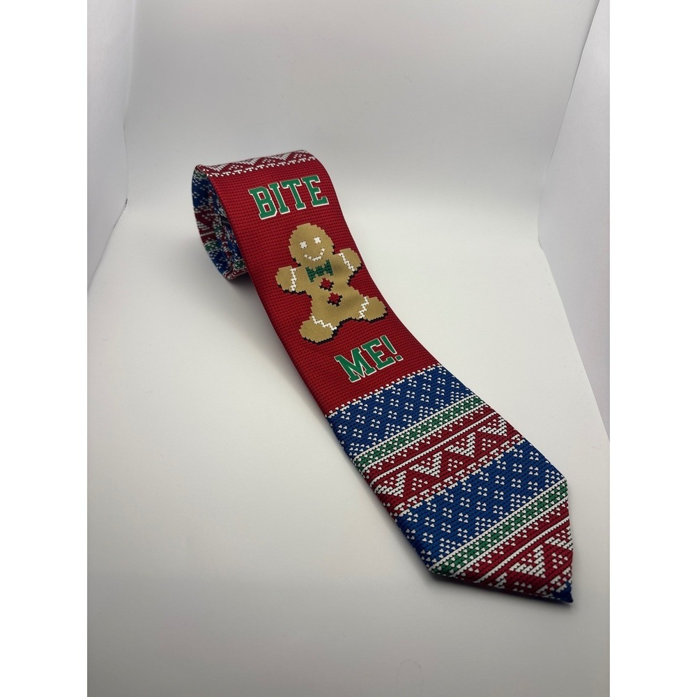 Knotty & Nice Mens Christmas Tie Red Gingerbread Bite Me Fair Isle Holiday Tie